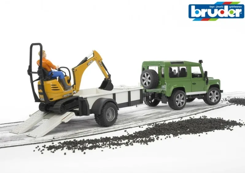 Bruder Land Rover med trailer og JCB micro gravemaskine