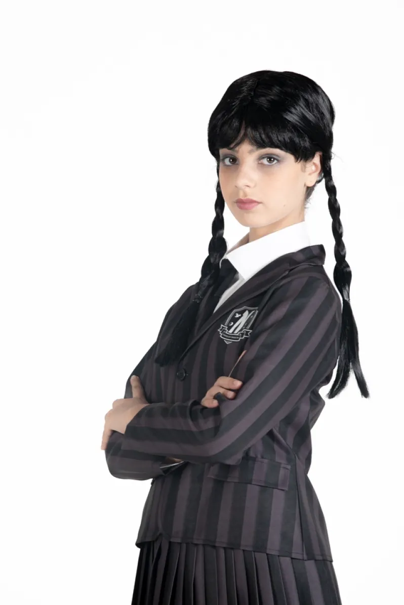 Wednesday Addams nevermore academy kostume med paryk str. 152 cm